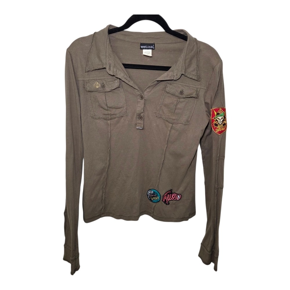 Wet Seal Y2K Green Patchwork Embroidered Long Sleeve Polo Top Fairy Grunge Med
